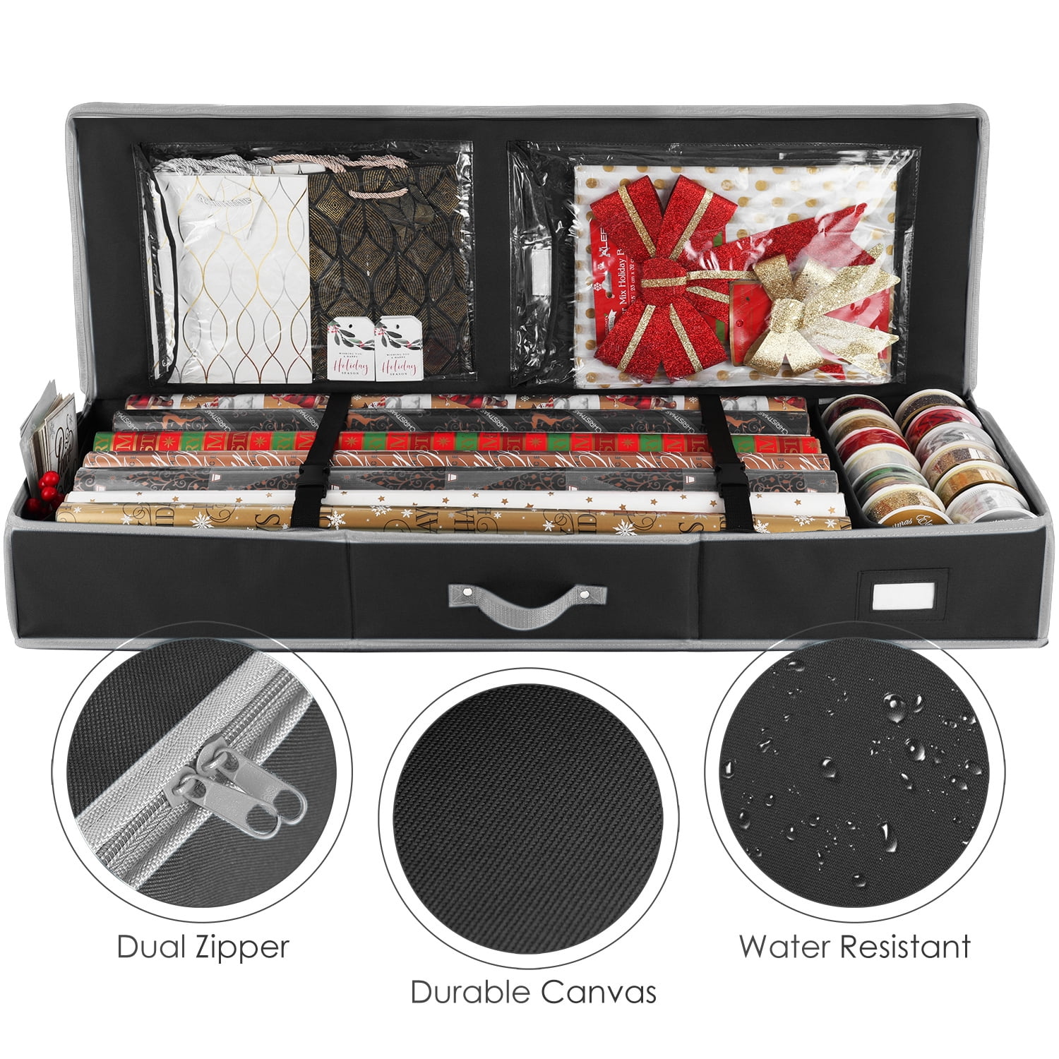 Hearth & Harbor Set of Holiday Christmas Wrapping Paper Storage Box and Wrapping Paper Storage Roll, Gift Wrap Organizer , Black