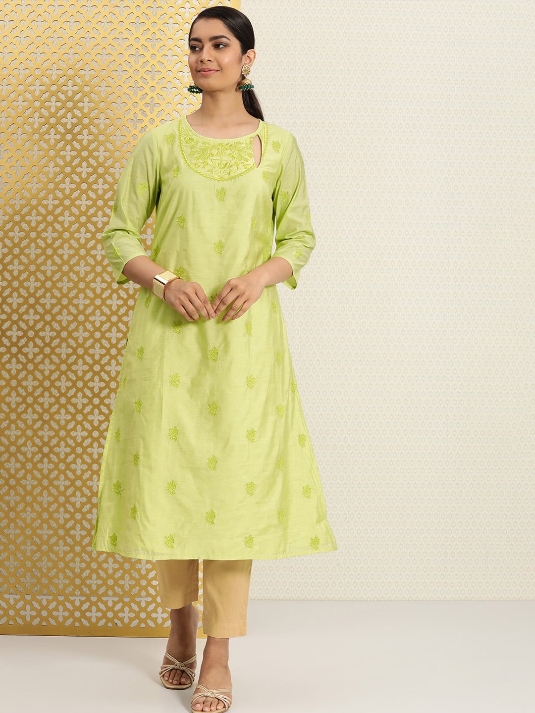 House of Pataudi By Myntra Women Indian Kurta Round Neck Green Women
