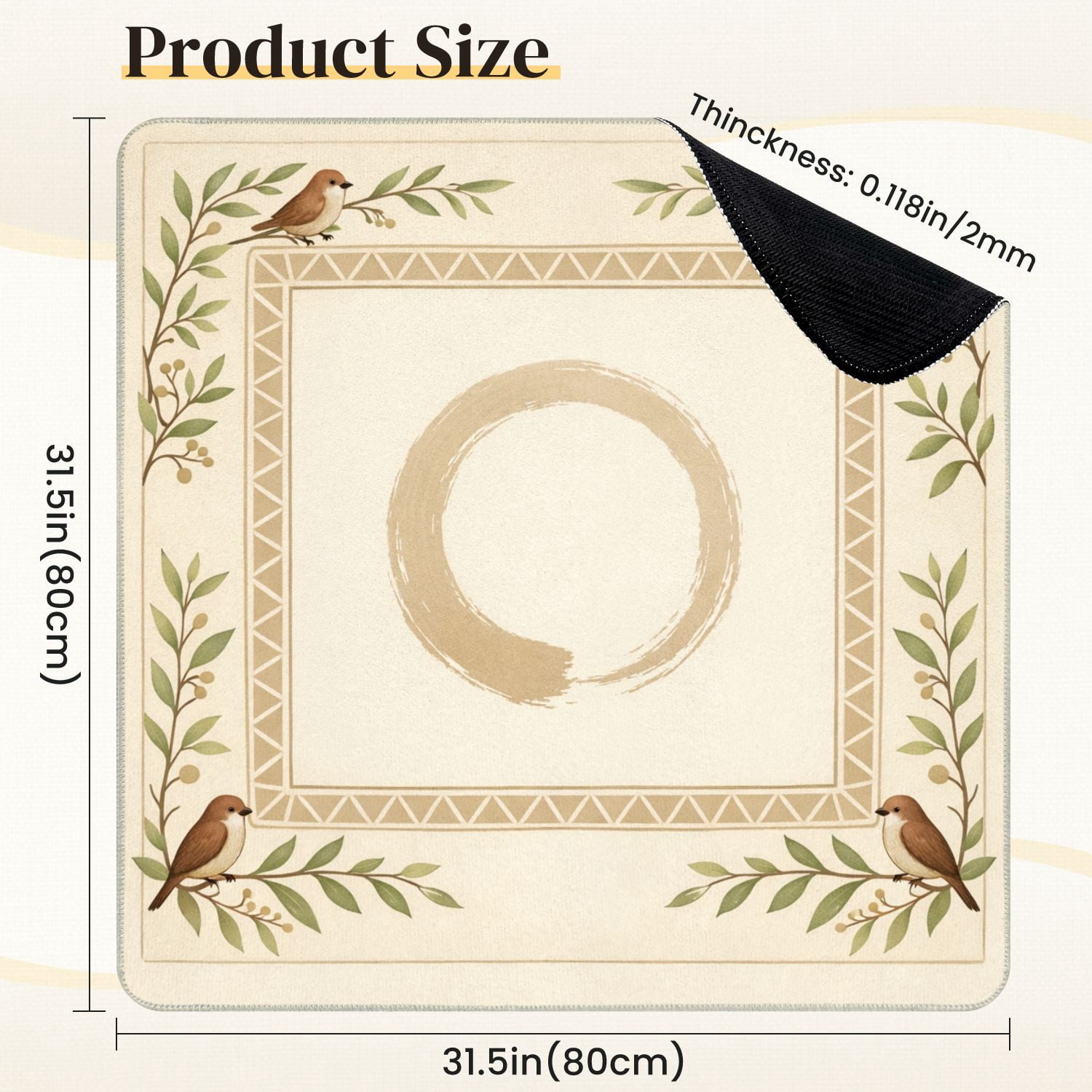 Mahjong Mat 31.5" x 31.5" Whimsical Birds Branches Earthy Tones Non-Slip Noise Reduction Mahjong Tiles Table Cover for Dominoes Poker Card Board and Tile Games