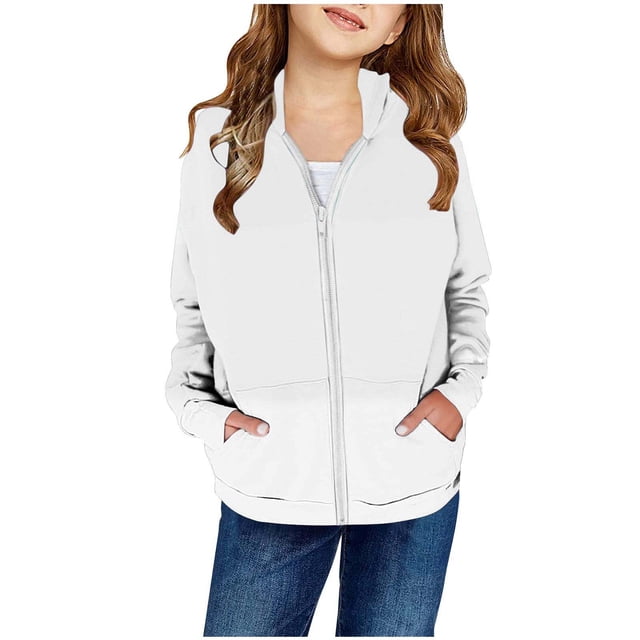 Girl's Autumn And Winter Solid Color Patch Pocket Zipper Sweatshirt Hooded Cardigan Jacket