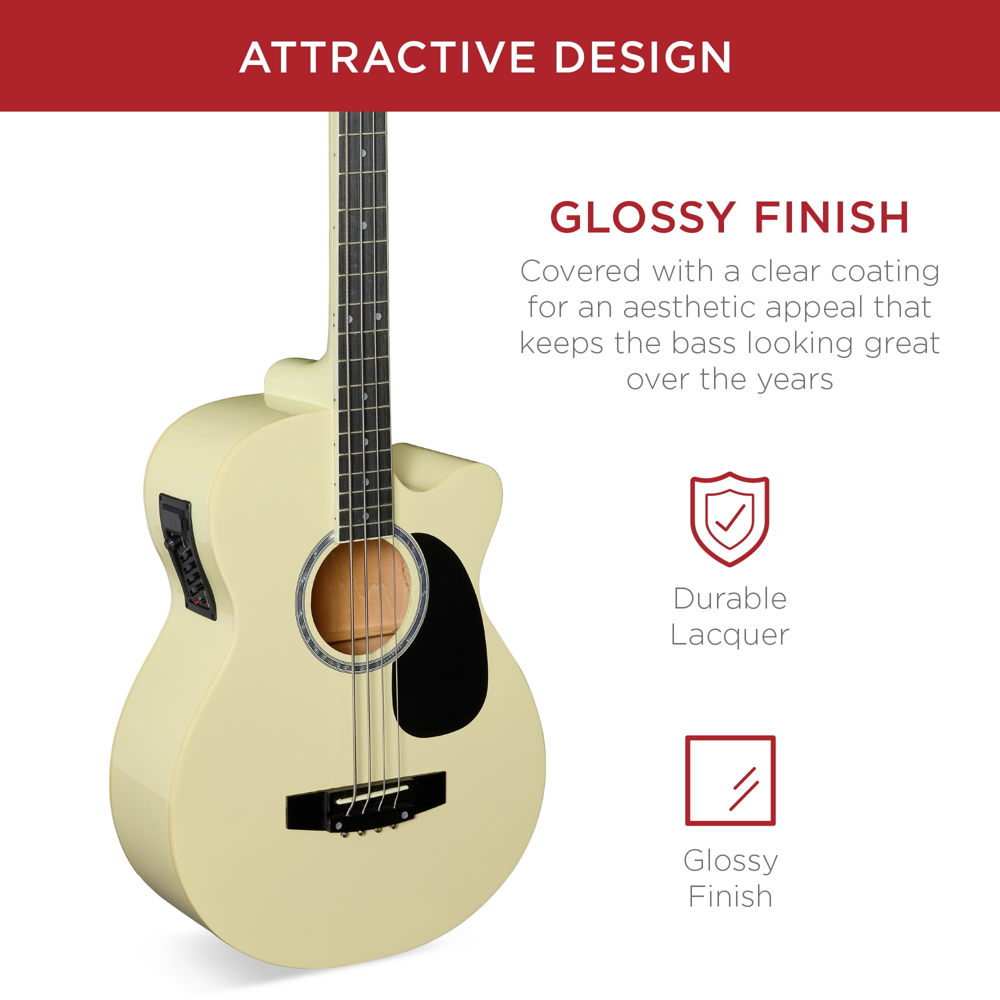 Best Choice Products 22-Fret Full Size Acoustic Electric Bass Guitar w/ 4-Band Equalizer, Truss Rod, Padded Gig Bag - Cream White