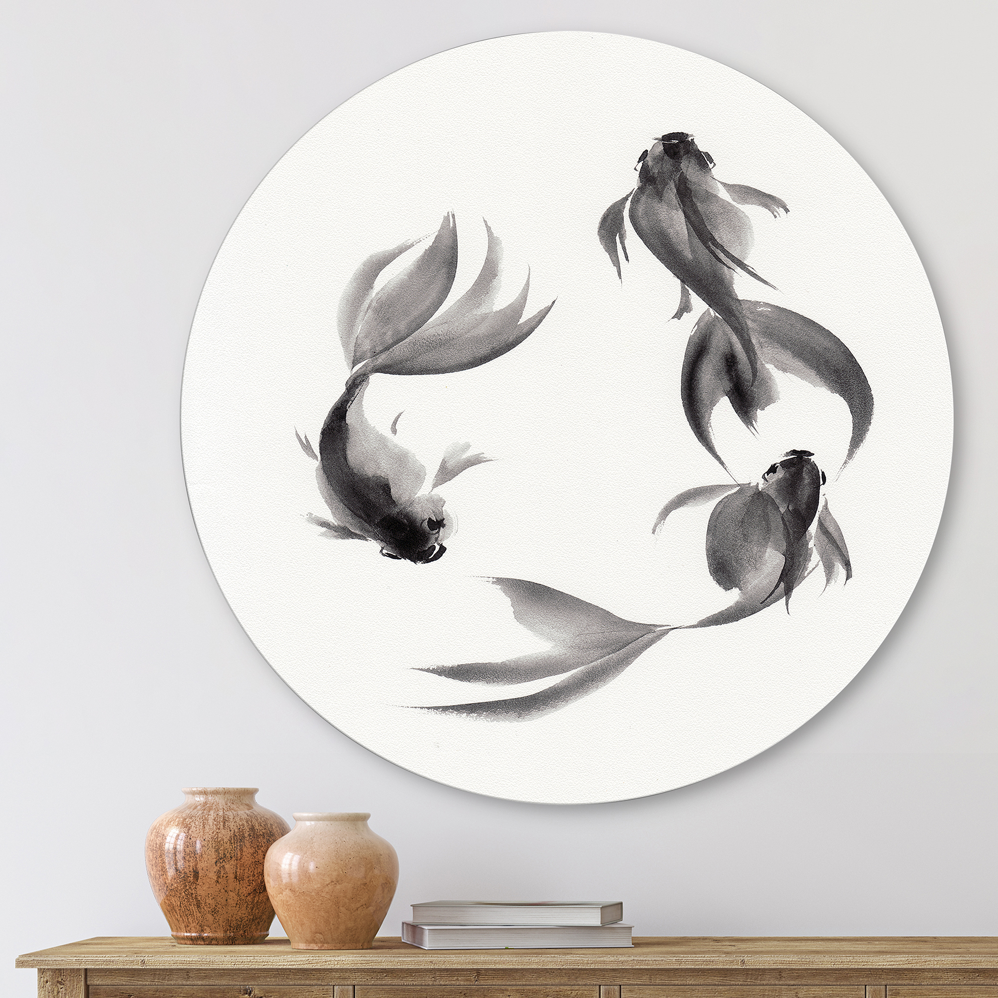 Designart 'Black and White Vintage Fish III' Nautical & Coastal Circle Metal Wall Art 23x23 - Disc of 23