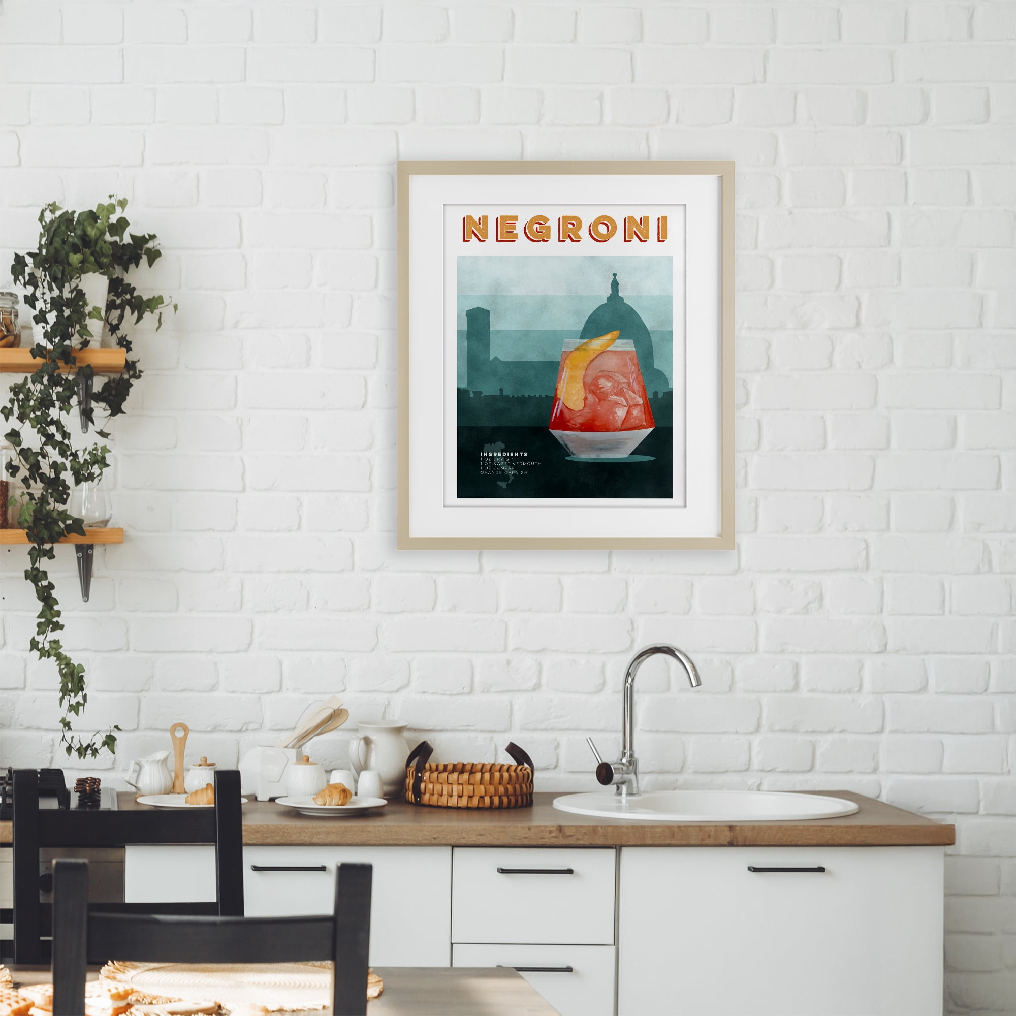 Retro Negroni & Architecture Birch Framed Print Under Glass, design by Brett Blumenthal