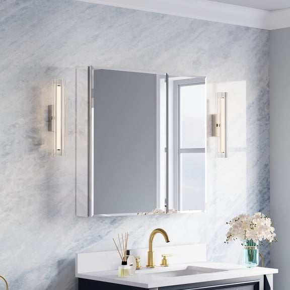 ANGELES HOME 32 in. x 30 in. Copper-Free Mirror Medicine Cabinet with Beveled Mirror Door, Recessed or Surface Mount, 6 Adjustable Glass Shelves