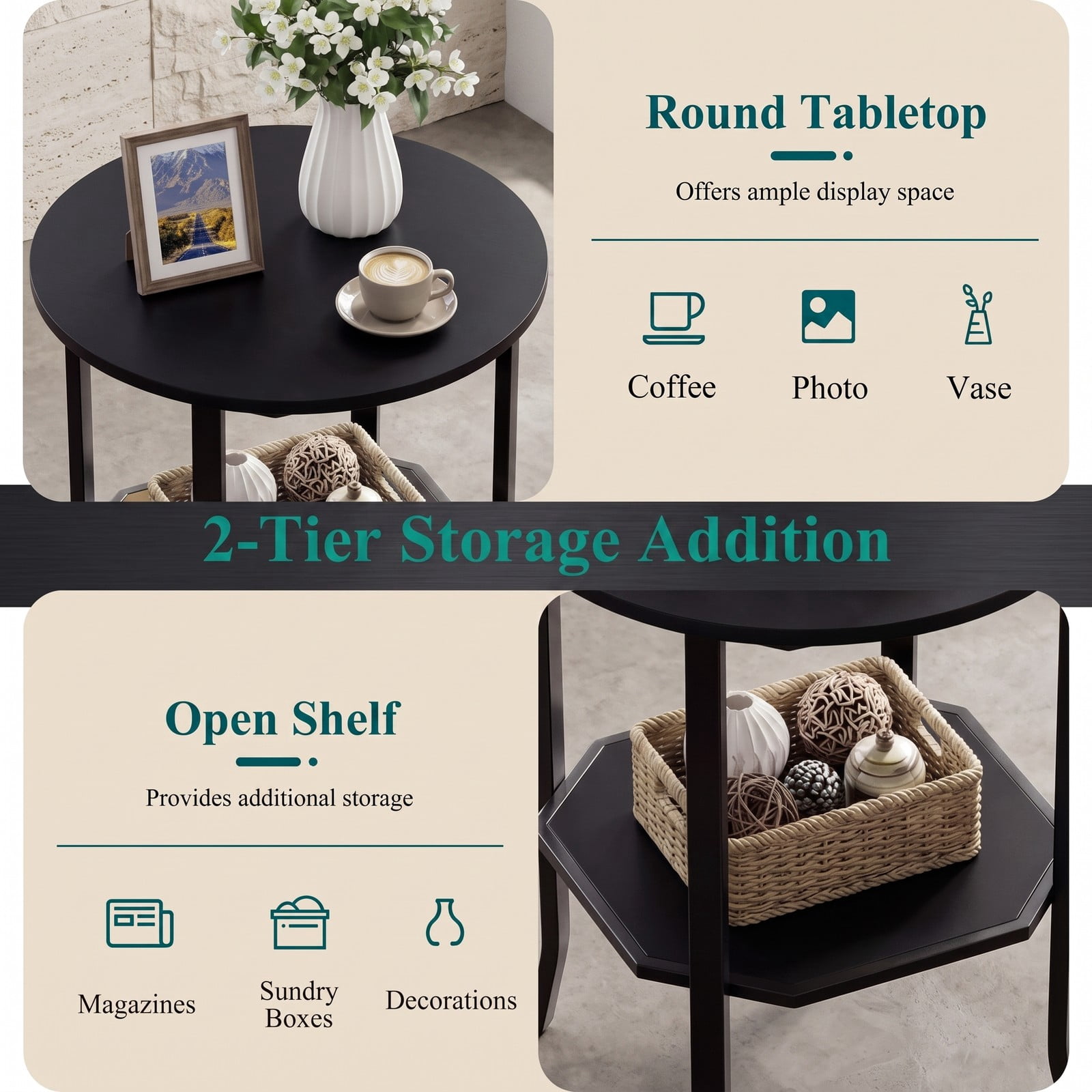 Furnibear Round Side Table Small End Table with Storage Shelf, 2-Tier Nightstand Sofa Couch Bedside Table for Small Space Living Room Bedroom, Black