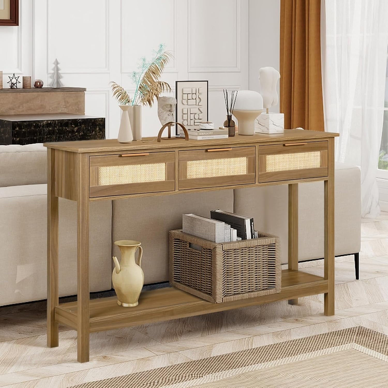 LAZZO 51” Boho Rattan Console Table, Narrow Entryway Table with 3 Drawers & Open Shelf, Brown