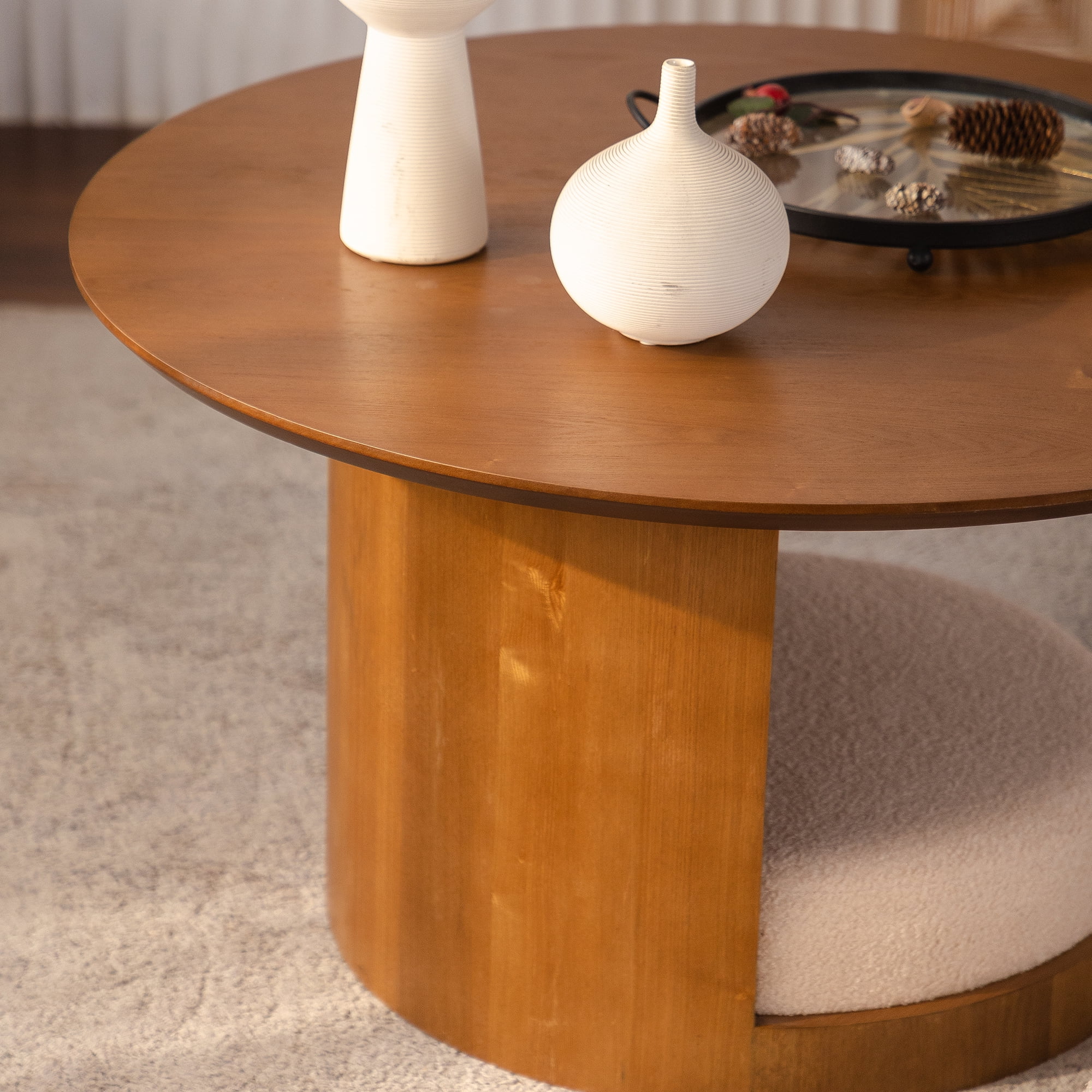 Leumius Round Wood Coffee Table with 3 Teddy Fabric Nesting Stools, Farmhouse Multifunctional Center Table Set with Hidden Storage for Living Room
