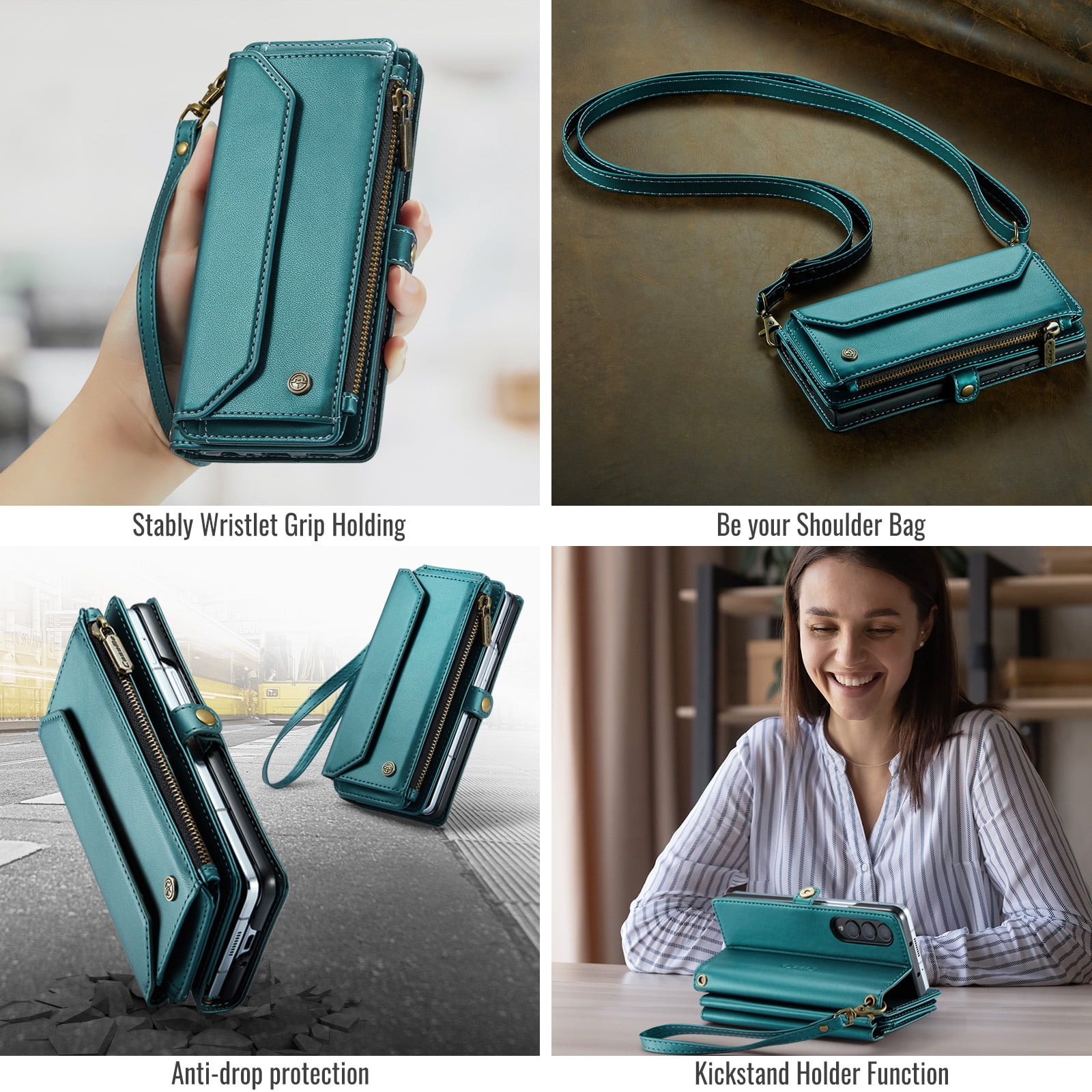 Dteck for Samsung Galaxy Z Fold 6 Case with RFID Blocking Wallet Case for Women Men, Shockproof PU Leather Magnetic Flip Strap Zipper Card Holder Phone Case,Green