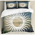 thumbnail image 1 of Sun Duvet Cover Set King Size, Celestial Bodies Silhouette Geometric Elements Swirled Lines with Curves Ornamental, Decorative 3 Piece Bedding Set with 2 Pillow Shams, Multicolor, by Ambesonne, 1 of 3