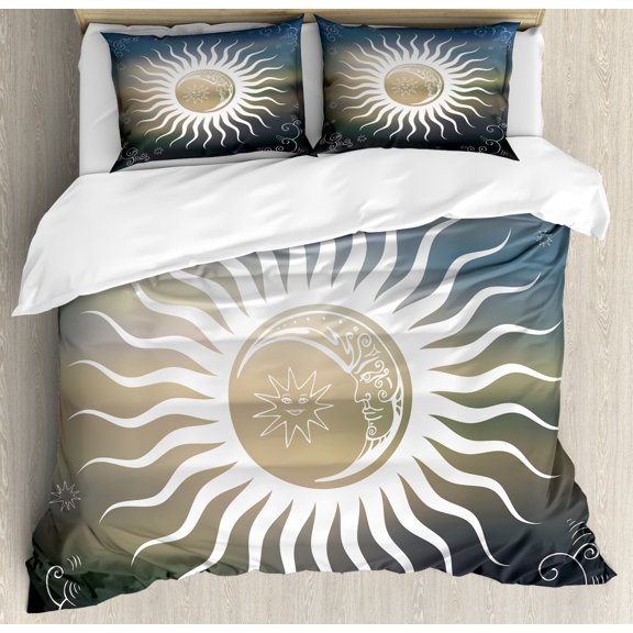 Sun Duvet Cover Set King Size, Celestial Bodies Silhouette Geometric Elements Swirled Lines with Curves Ornamental, Decorative 3 Piece Bedding Set with 2 Pillow Shams, Multicolor, by Ambesonne