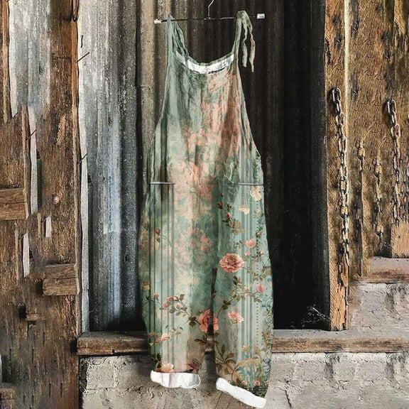 2025 Spring Holiday Clothes Jumpsuits Rompers Overalls for Women Floral Print Outfit Green M