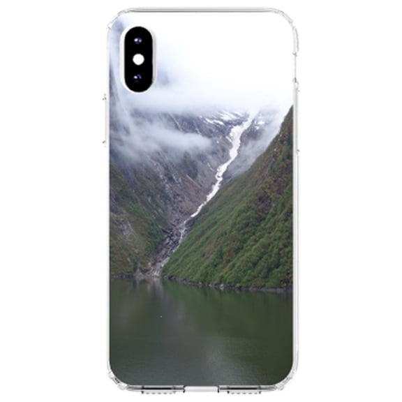 DistinctInk Clear Shockproof Hybrid Case for iPhone XR (6.1" Screen) - TPU Bumper, Acrylic Back, Tempered Glass Screen Protector - Tracy Arm Fjord Waterfall