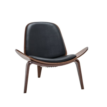 BELLEZE Mid Century Modern Tripod Plywood Lounge Chair Walnut Bentwood Upholstered Faux Leather  Black