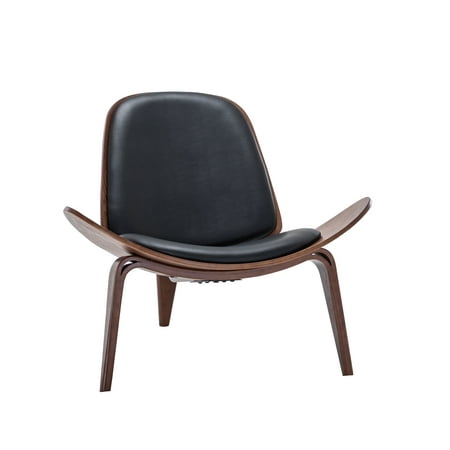 BELLEZE Mid Century Modern Tripod Plywood Lounge Chair Walnut Bentwood Upholstered Faux Leather, Black