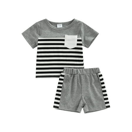 

Gzhioc Baby Boys Summer Clothes Contrast Color Striped Short Sleeve T-shirt Tops and Casual Sports Shorts Set