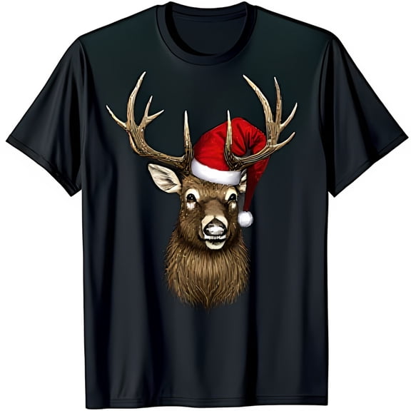 Funny Cartoon Deer in Santa Hat Black T-Shirt for Holiday Cheer