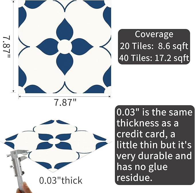 MORCART Peel and Stick Floor Tile Star Waterproof Vinyl Flooring DIY Flooring for Bathroom, Kitchen, Fireplace, Pet House, Stairs, Bedrooms, Wall, Store(20PCS,7.87" x 7.87",dark blue+white)