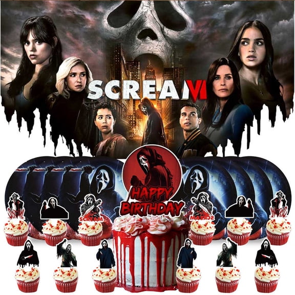 Scream Movie Party Decorations Paper Plates Tableware Banner Backdrop Balloons Birthday Decor Cake Topper Fans