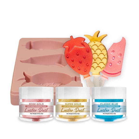 Bakell - 4th of July Summer Fun Cakesicle Mold & Luster Dust Combo Pack (1x Mold / 4g, 3x Jars) for Custom Ice Cream Bars!