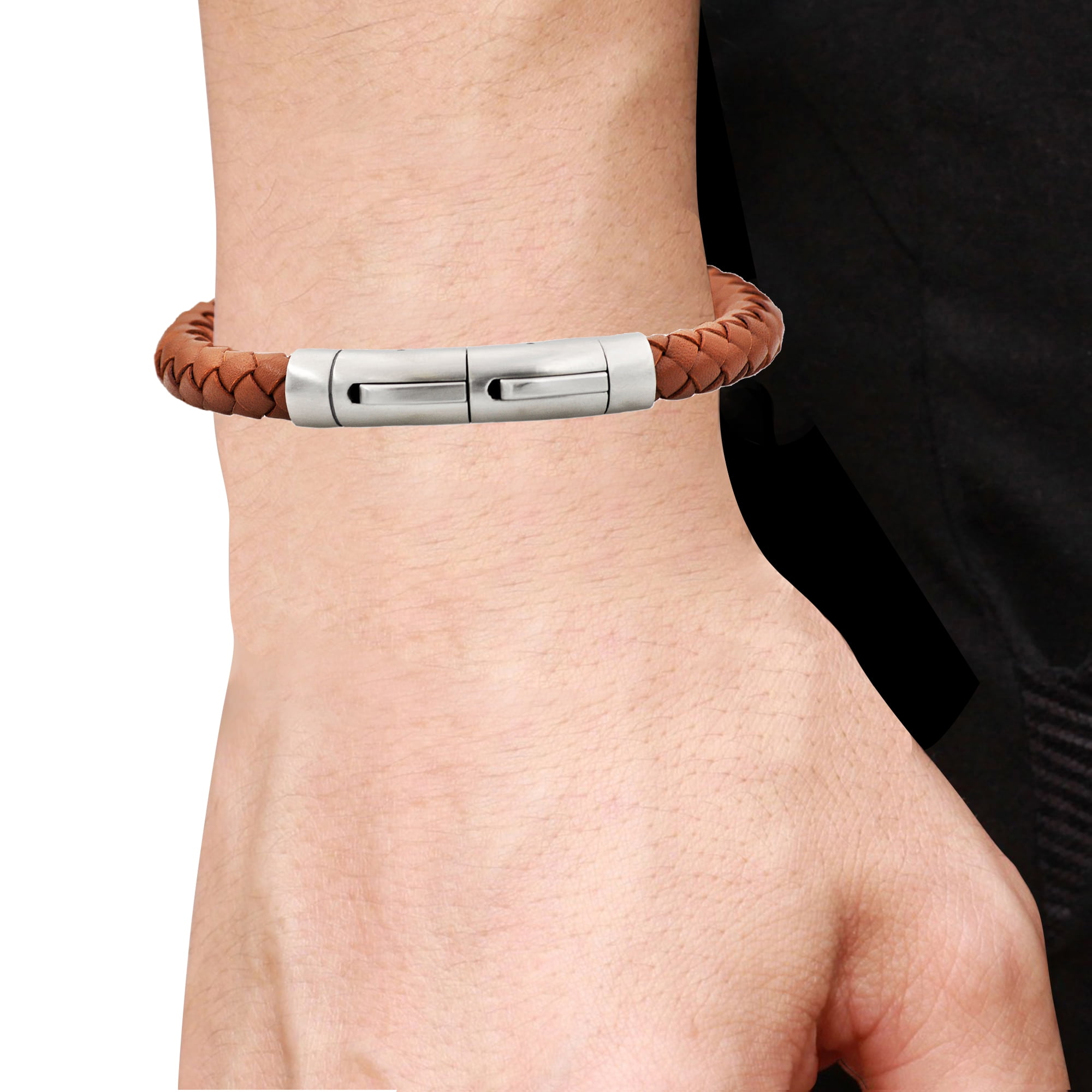 Arista Men's Extendable Bracelet in Brown Leather & Solid Stainless Steel, 8.5"