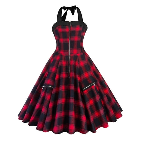 Check Pattern Dress Vintage Hepburn Style Retro 1950's 60s Housewife Rockabilly Swing Evening Dress Check Plaid Backless Halter Neck Dresses ()