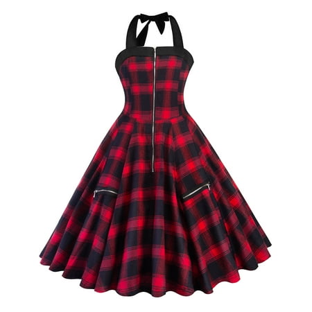 Vintage Hepburn Style Retro 1950's 60s Housewife Rockabilly Swing Evening Dress Check Plaid Backless Halter Neck Dresses