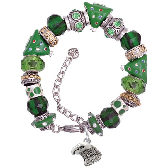 Silvertone Small Falcon - Mascot Green Christmas Bead Bracelet