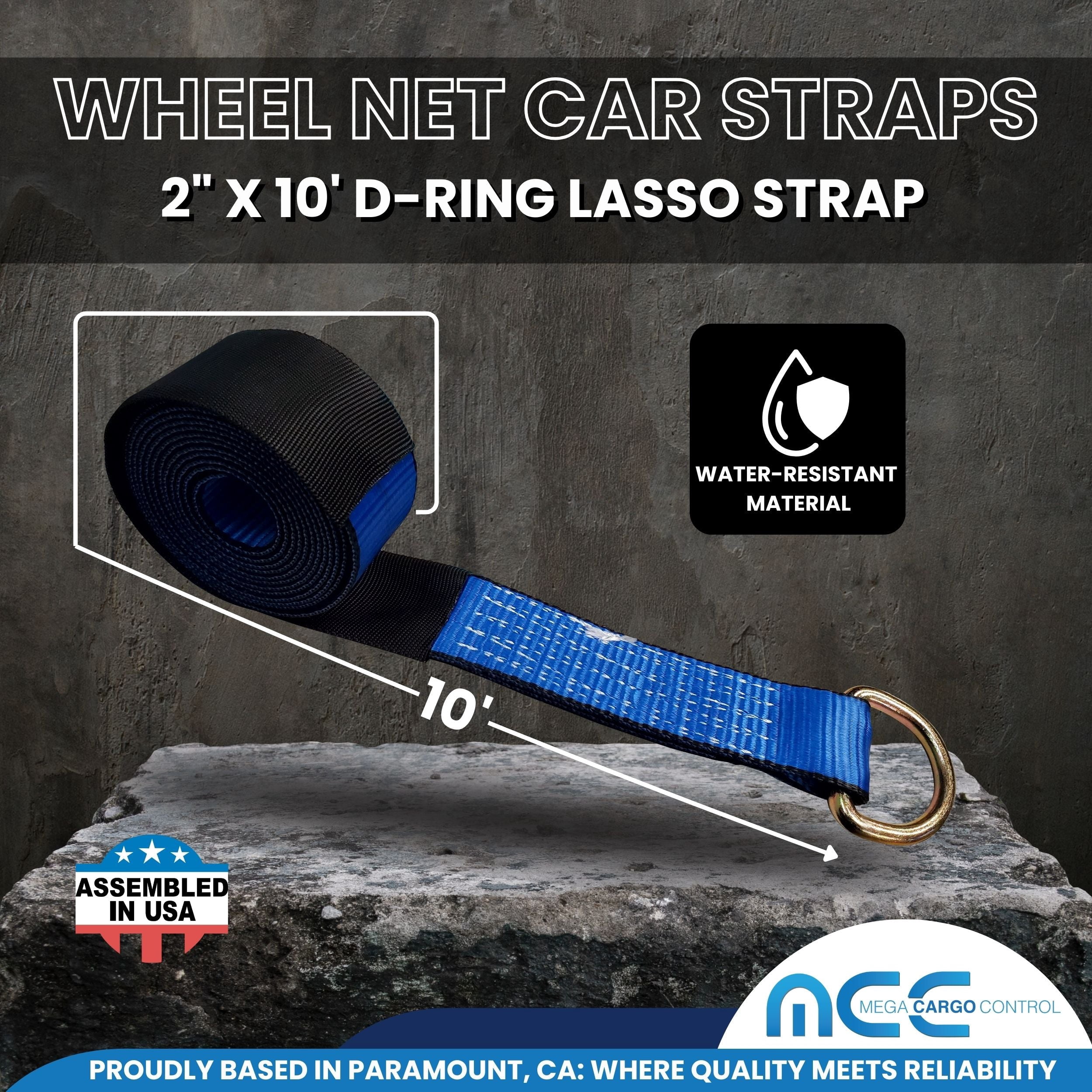 Mega Cargo Control Side Mount Wheel Net Straps with Swivel J Hook Ratchet Buckles, 2" x 10' D-Ring Lasso Strap, 4 Pack, Blue