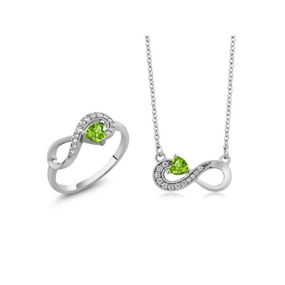 Gem Stone King 925 Silver Green Peridot Infinity Ring Pendant Jewelry Set for Women (0.81 Cttw, Gemstone August Birthstone, Heart 4MM, with 18 inch Silver Chain, Size 8)