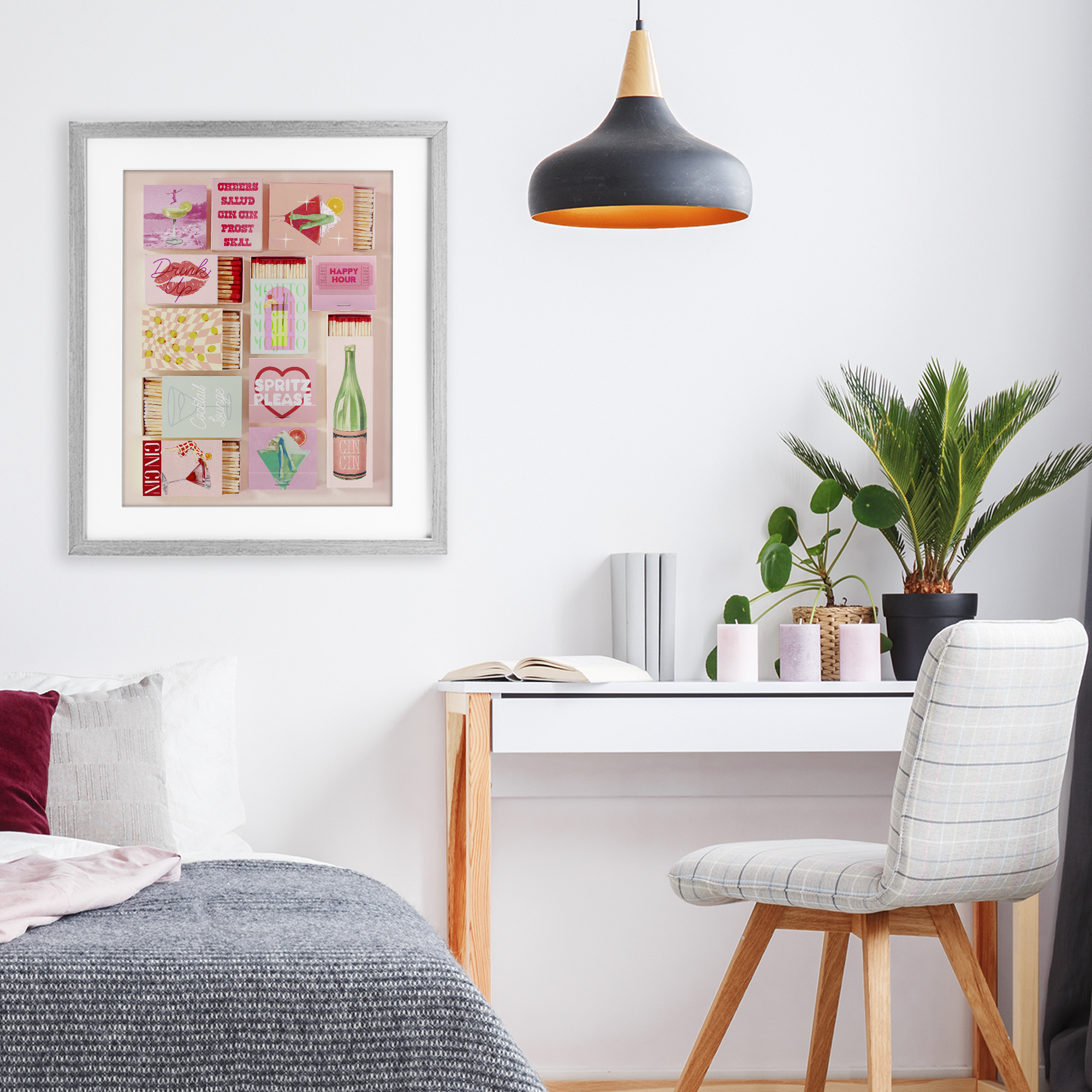 Glam Cocktails Retro Matches Gray Framed Print Under Glass, design by Lil' Rue