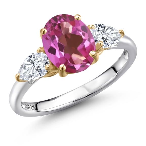 Gem Stone King 925 Silver and 10K Yellow Gold Pink Mystic Topaz and White Moissanite Engagement Ring for Women | 3.00 Cttw | Oval 9X7MM | Gemstone November Birthstone | Size 5