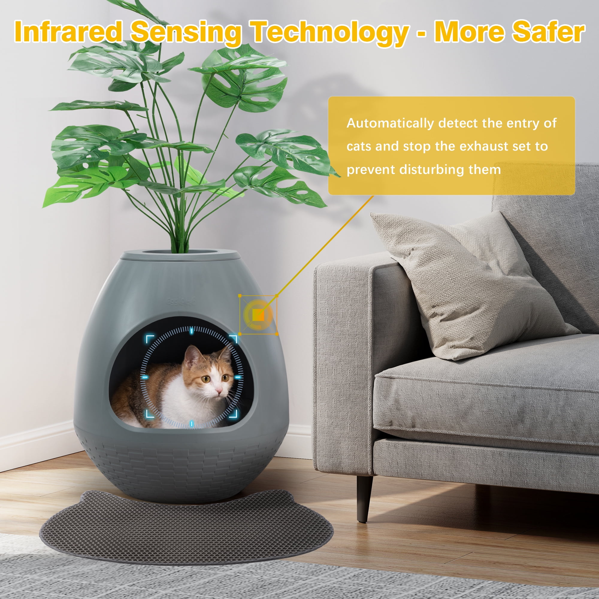 Jaxpety Large Smart Plant Litter Box with Deodorization System, Artificial Plants,5 Cat Litter Bags,Light,Cat Litter Mat,Scoop,Gray
