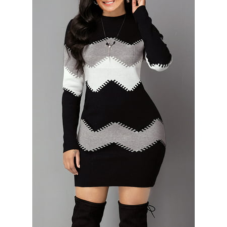 Women O-neck Long Sleeve Stripe Warm Knit Tops Sweater Dress