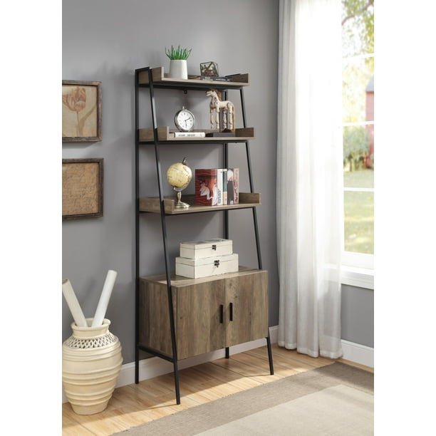 4 Tier Bookshelf With Bottom Storage, Leaning Bookcase With Storage Cabinet