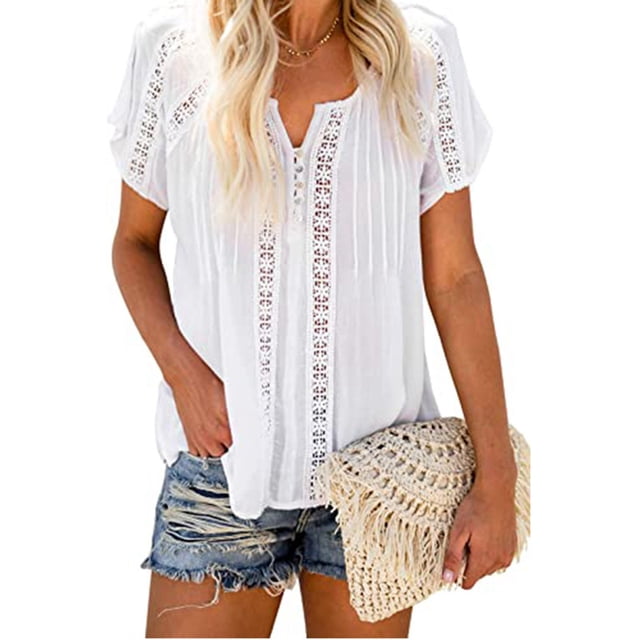 Camisa de mujer Transpirable Cuello en V Manga corta Encaje Crochet Color puro Camisa casual para uso diario Vacaciones de negocios