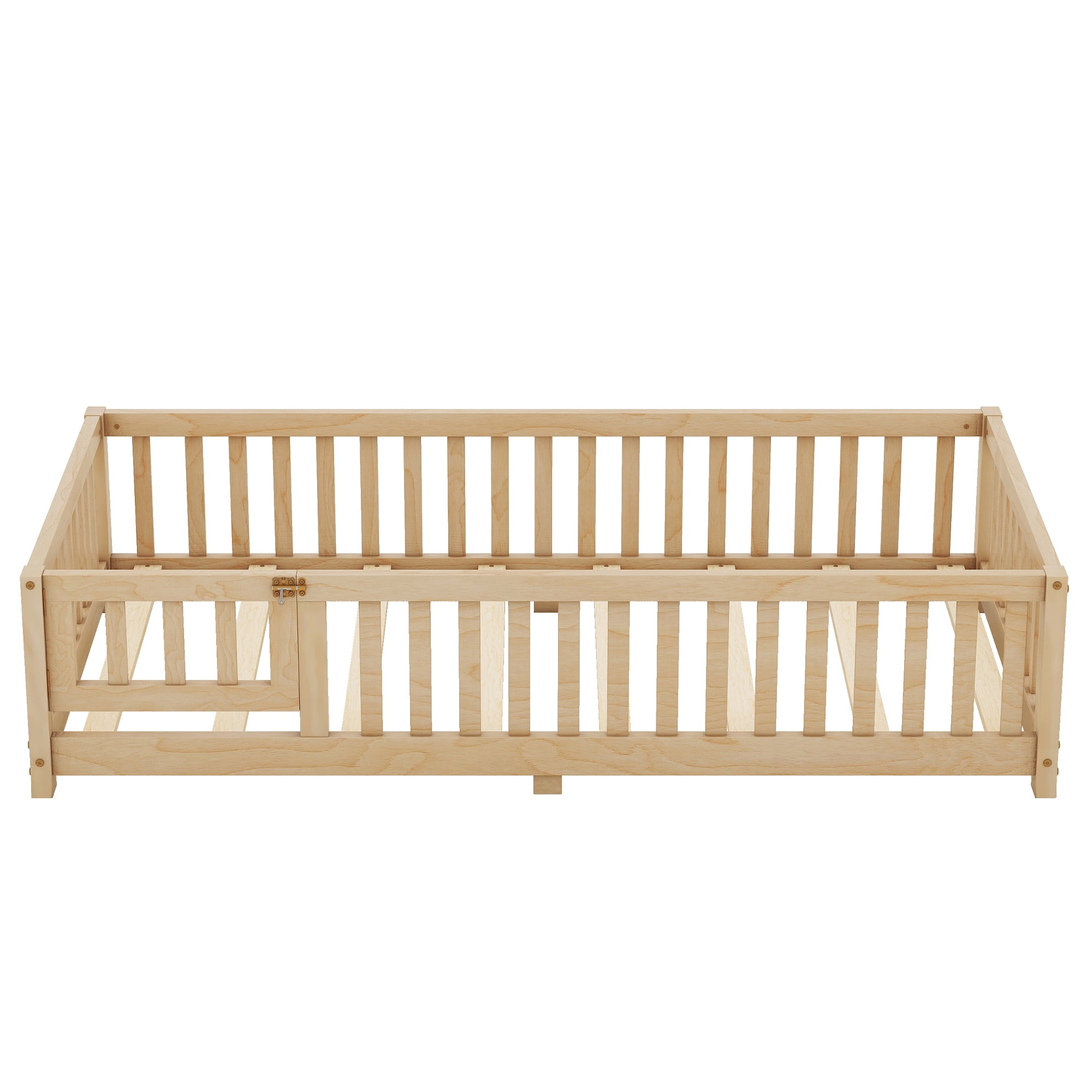 DreamBuck Twin Size Floor Bed with Door and Fence for Montessori Floor Bed with Slats and Safety Guardrails, Wood Floor Bed Frame, Twin Bed Frame for Girls, Boys, No Box Spring Needed
