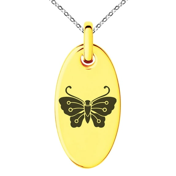 Stainless Steel Kawari Kocho Butterfly Kamon Crest Engraved Small Oval Charm Pendant Necklace
