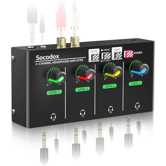 Socodox 4-Channel Headphone Amplifier 3.5mm/6.35mm/RCA Jacks, Metal Headphone Mixer with 8 Headphone Output, Stereo Switch, Mute Function, RGB Light