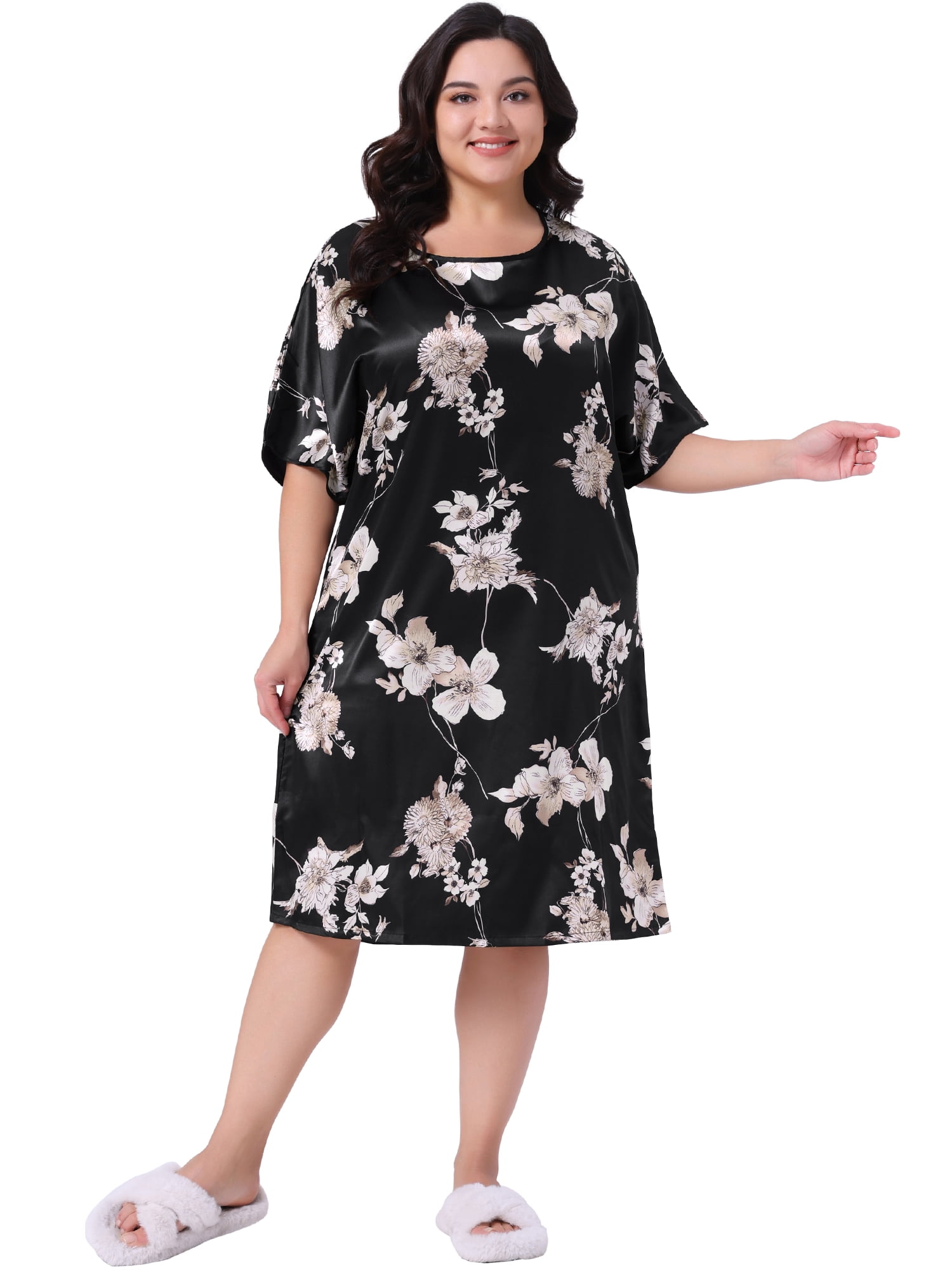 DARING DIVA Women's Plus Size Satin Floral Short Sleeve Round Neck Nightgown 4X Black