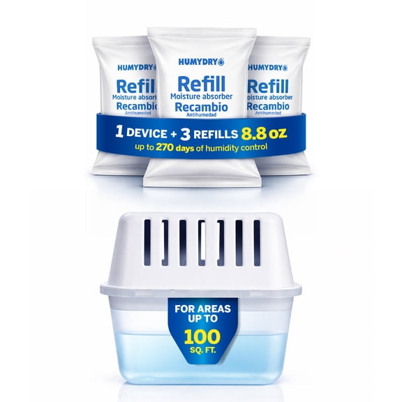 HUMYDRY® Moisture Absorber Dehumidifier for Home, Compact Pack of 1 Device of 8.8 Oz With 3 Pre Measured Refills, Fragrance Free Humidity Absorber For Closets Bathroom Bedroom, Ideal For Small Spaces