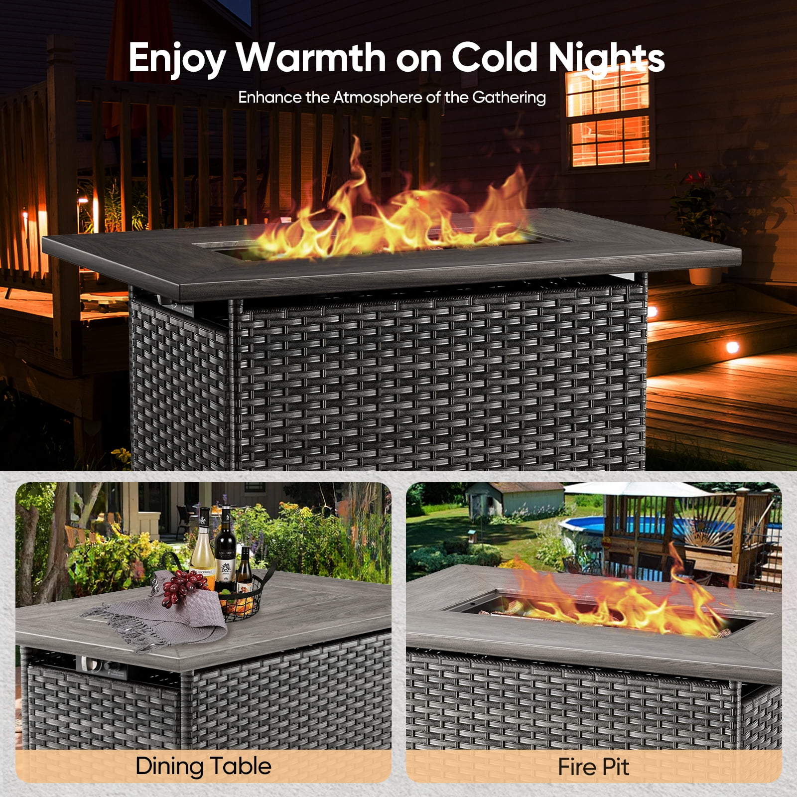 Gymojoy 5-Piece Outdoor Patio Furniture Set with Fire Pit Table - 2 Lounge Chairs, 2 Ottomans & 41" Rattan Fire Pit Table for Backyard, Garden, Poolside (Gray/Gray)