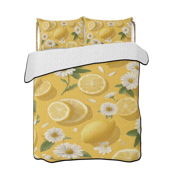 Quilt King Size Bedding Set, Yellow Lemon Summer Reversible Summer Quilt 3 Pieces, Farmhouse White Daisy Flowers Lightweight Bedspreads Coverlets with 2 Pillow Shams for All Seasons