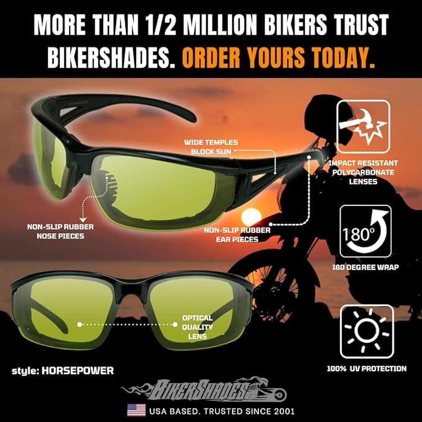 Bikershades Motorcycle Safety Sunglass Foam Padded Mens Windproof Dustproof Large Fit