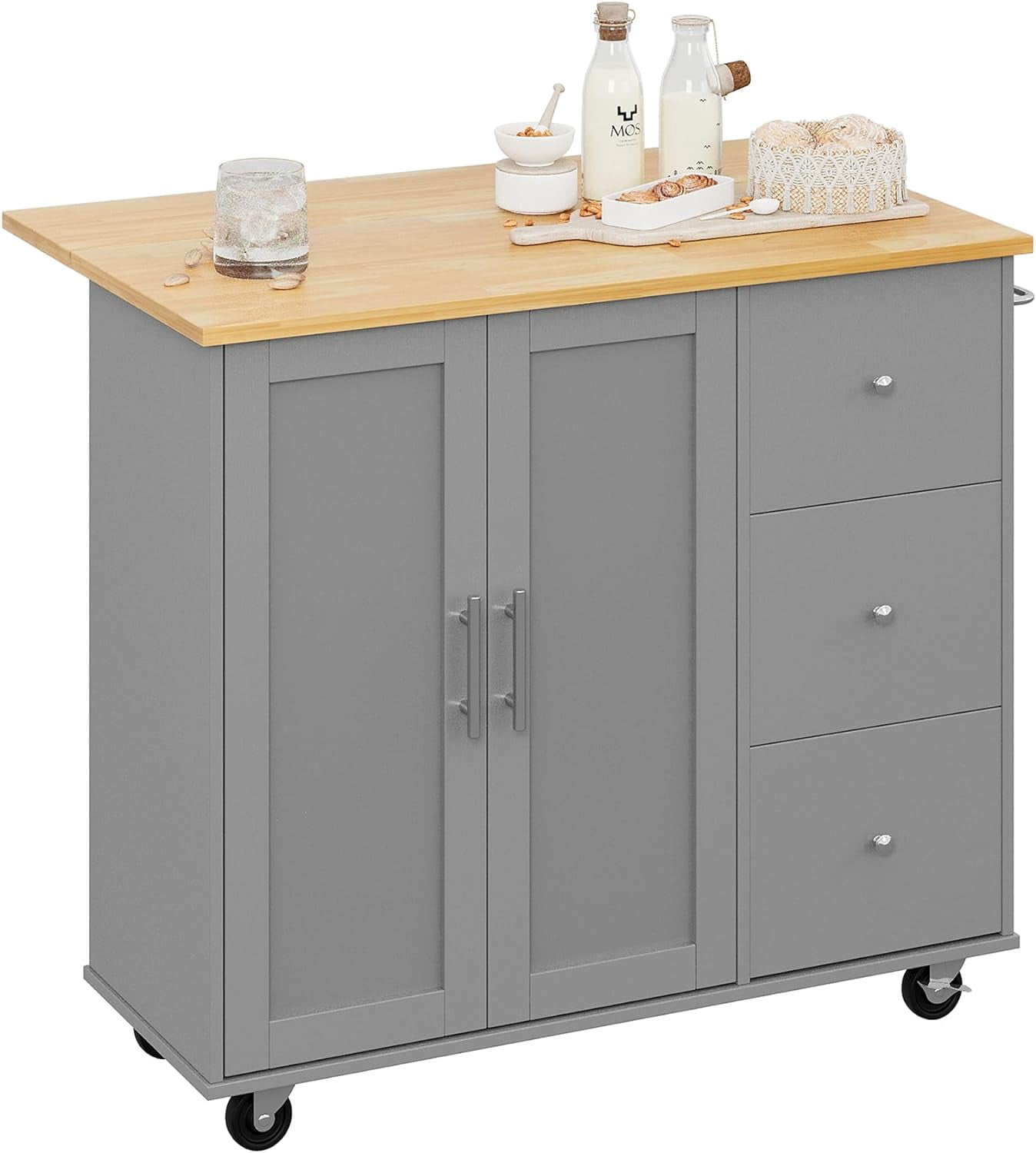Sobaniilo Rolling Kitchen Island Cart with Folding Drop Leaf Breakfast Bar, Portable Trolley Island with Large Storage Cabinet, Shelf and Drawer, Grey