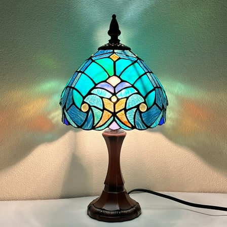 Tiffany Table Lamp Sea Green Stained Glass Accent Table Light Antique Style Desk Lamp Vintage Bedside Lamp for Living Room Bedroom