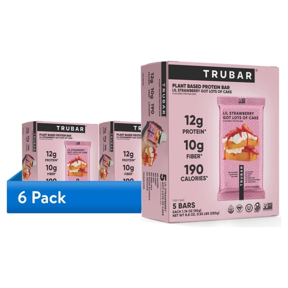 (6 pack) TRUBAR Lil Strawberry Got Lots of Cake Plant Based Protein Bar, Vegan, Gluten Free, Kosher, 5-Count