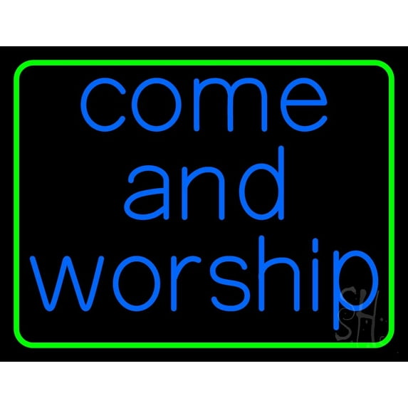 Blue Come And Worship Green Border LED Neon Sign 15" Tall x 19" Wide - inches Black Square Cut Acrylic Backing, with Dimmer - Premium built indoor Sign for Home décor, Religious place, Store interior.