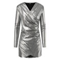 thumbnail image 4 of MQLKF Women Metallic Ruched Wrap Party Dress V Neck Long Sleeve Slim Binding Dress Leisure Women's Dress, 4 of 5