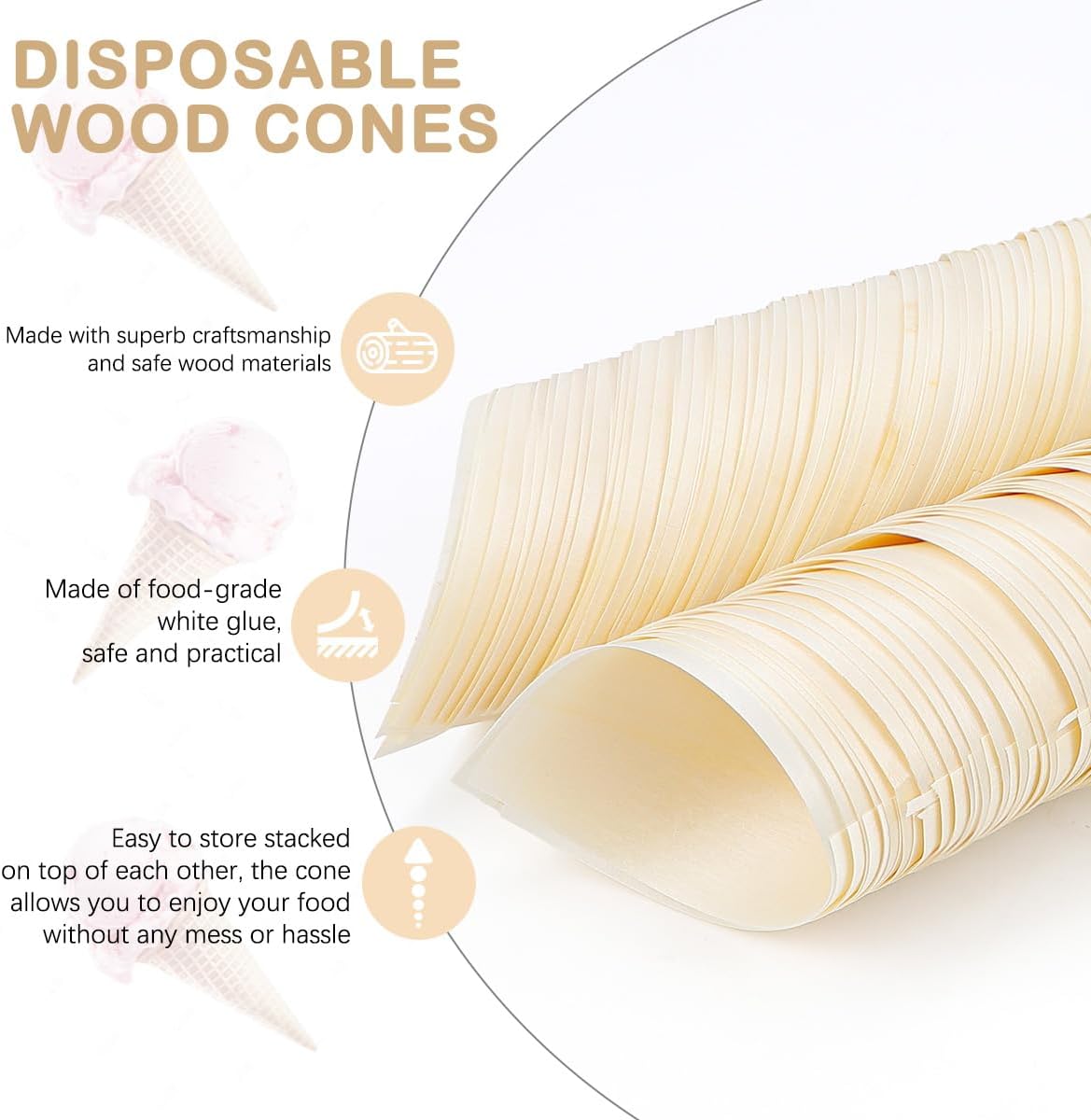 ABPETE 100Pcs Disposable Wood Cones Tasting Cones Serving Cones for Ice Cream Fries Appetizers Wedding Birthday Party Supplies, 5Inch