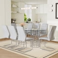 thumbnail image 3 of Hi loPres 71" Modern 8-Person Dining Table Set, Oval Tempered Glass Top with Light Gray PU Silver Legs Chairs, Kitchen Furniture for Family Gathering, 3 of 8